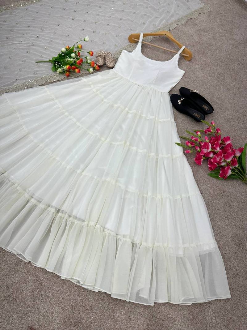 White Colour Party Wear Geiorgette 10Meter Ruffle Fully Flair Fully Stitched Gown Set