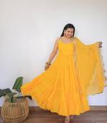 Yellow Colour Party Wear Geiorgette 10Meter Ruffle Fully Flair Fully Stitched Gown Set