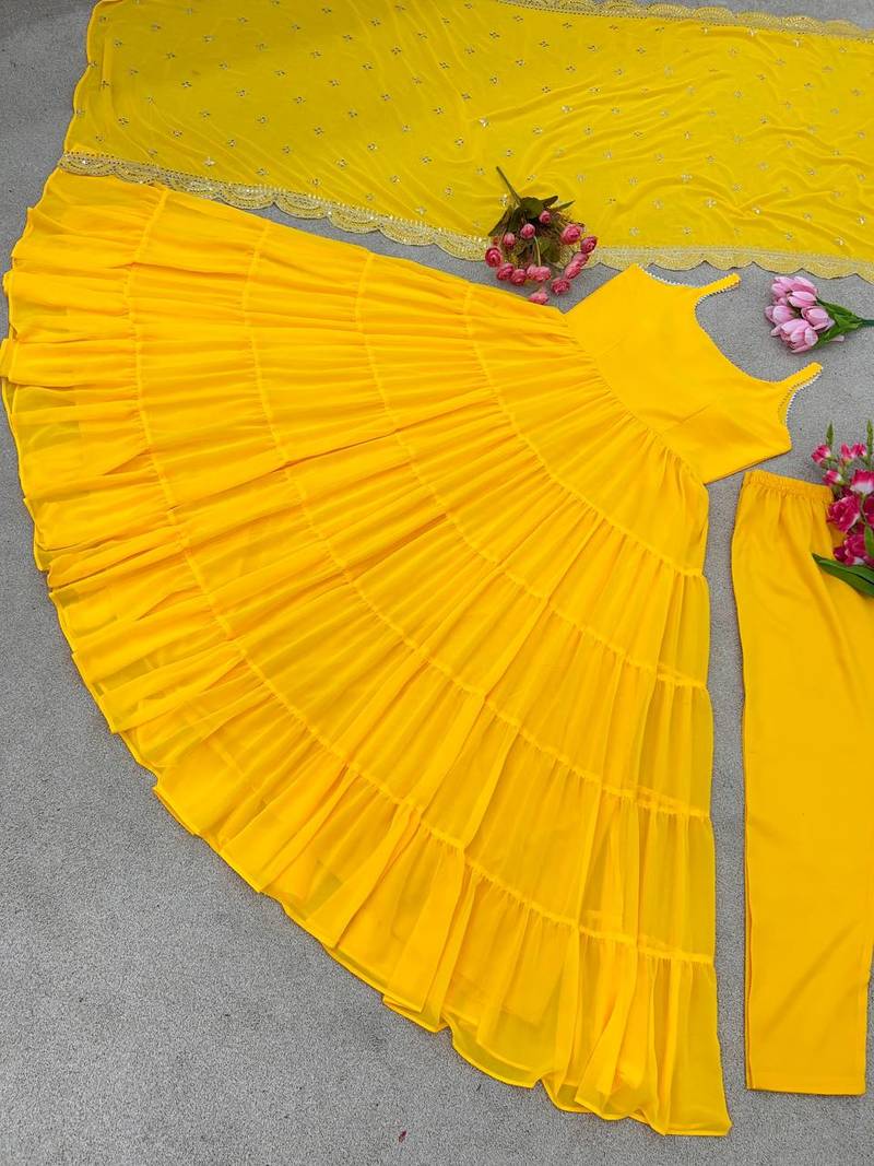 Yellow Colour Party Wear Geiorgette 10Meter Ruffle Fully Flair Fully Stitched Gown Set