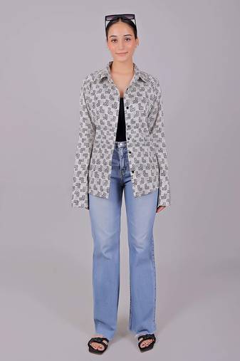 Bluebird women's white color printed satin shirt