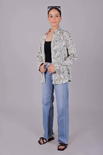 Bluebird women's white green leaf printed satin shirt