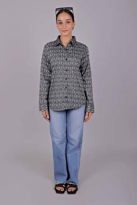 Bluebird women's black geometric printed satin shirt 1