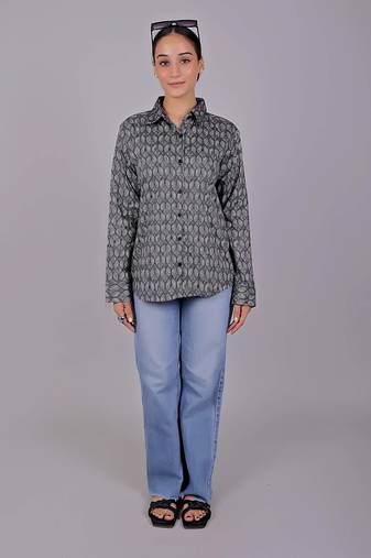Bluebird women's black geometric printed satin shirt