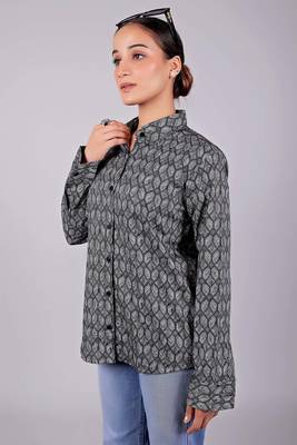 Bluebird women's black geometric printed satin shirt 4