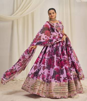 Baby Pink Zari Dori And Sequins Embroidery On Floral Printed Organza Lehenga Choli For Bride 1
