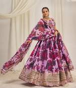 Baby Pink Zari Dori And Sequins Embroidery On Floral Printed Organza Lehenga Choli For Bride