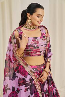 Baby Pink Zari Dori And Sequins Embroidery On Floral Printed Organza Lehenga Choli For Bride 3