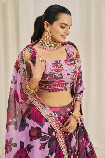 Baby Pink Zari Dori And Sequins Embroidery On Floral Printed Organza Lehenga Choli For Bride