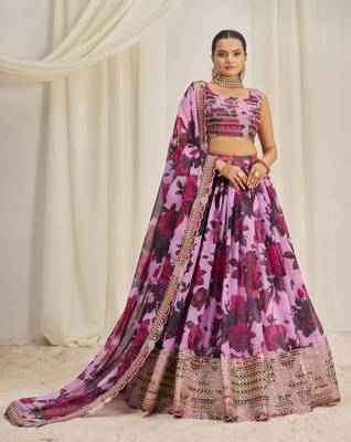 Baby Pink Zari Dori And Sequins Embroidery On Floral Printed Organza Lehenga Choli For Bride 4