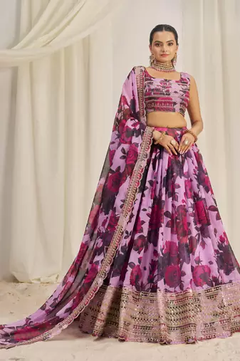 Baby Pink Zari Dori And Sequins Embroidery On Floral Printed Organza Lehenga Choli For Bride