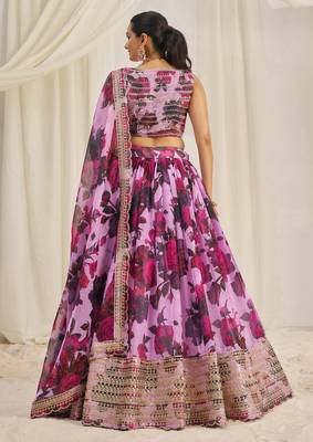 Baby Pink Zari Dori And Sequins Embroidery On Floral Printed Organza Lehenga Choli For Bride 5