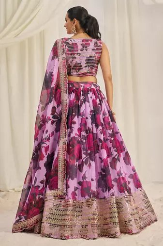 Baby Pink Zari Dori And Sequins Embroidery On Floral Printed Organza Lehenga Choli For Bride