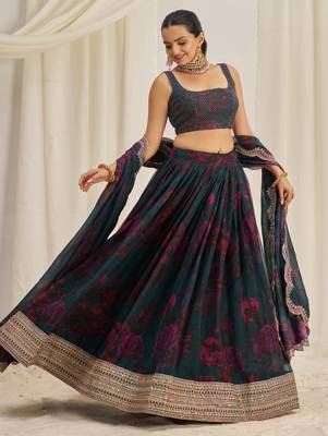 Teal Blue Zari Dori And Sequins Embroidery On Floral Printed Organza Designer Lehenga Choli For Wedding 1