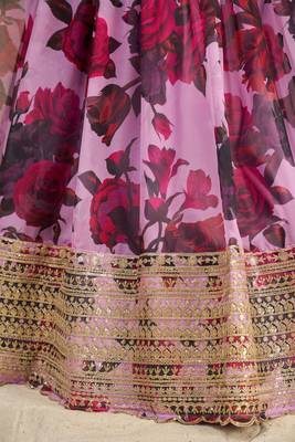 Baby Pink Zari Dori And Sequins Embroidery On Floral Printed Organza Lehenga Choli For Bride 6