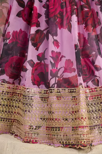 Baby Pink Zari Dori And Sequins Embroidery On Floral Printed Organza Lehenga Choli For Bride