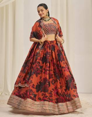  Rust Brown Zari Dori And Sequins Embroidery On Floral Printed Organza Lehenga Choli For Partywear 1