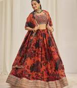 Rust Brown Zari Dori And Sequins Embroidery On Floral Printed Organza Lehenga Choli For Partywear