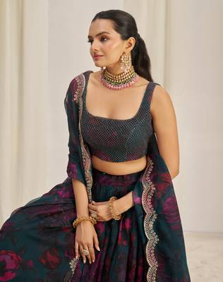 Teal Blue Zari Dori And Sequins Embroidery On Floral Printed Organza Designer Lehenga Choli For Wedding 2