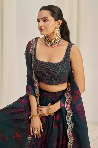 Teal Blue Zari Dori And Sequins Embroidery On Floral Printed Organza Designer Lehenga Choli For Wedding