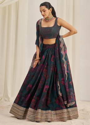 Teal Blue Zari Dori And Sequins Embroidery On Floral Printed Organza Designer Lehenga Choli For Wedding 3