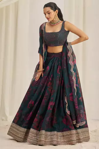 Teal Blue Zari Dori And Sequins Embroidery On Floral Printed Organza Designer Lehenga Choli For Wedding