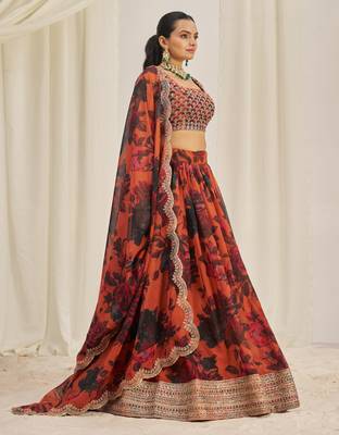  Rust Brown Zari Dori And Sequins Embroidery On Floral Printed Organza Lehenga Choli For Partywear 4