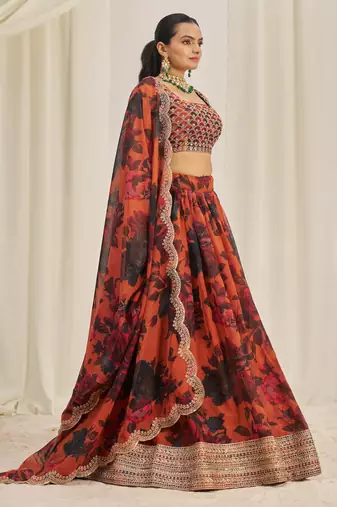  Rust Brown Zari Dori And Sequins Embroidery On Floral Printed Organza Lehenga Choli For Partywear