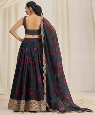 Teal Blue Zari Dori And Sequins Embroidery On Floral Printed Organza Designer Lehenga Choli For Wedding 4