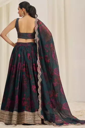 Teal Blue Zari Dori And Sequins Embroidery On Floral Printed Organza Designer Lehenga Choli For Wedding