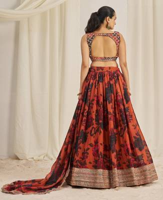  Rust Brown Zari Dori And Sequins Embroidery On Floral Printed Organza Lehenga Choli For Partywear 5