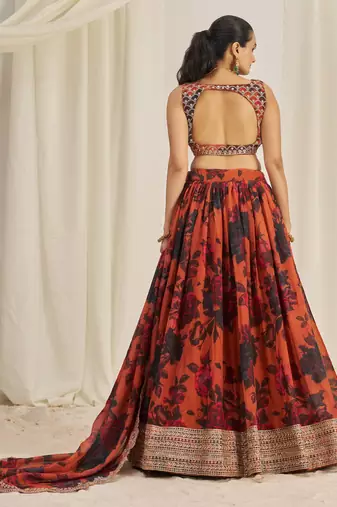  Rust Brown Zari Dori And Sequins Embroidery On Floral Printed Organza Lehenga Choli For Partywear