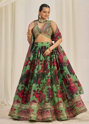 Parrot Green Zari Dori And Sequins Embroidery On Floral Printed Organza Designer Party Wear Lehenga 1