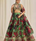 Parrot Green Zari Dori And Sequins Embroidery On Floral Printed Organza Designer Party Wear Lehenga