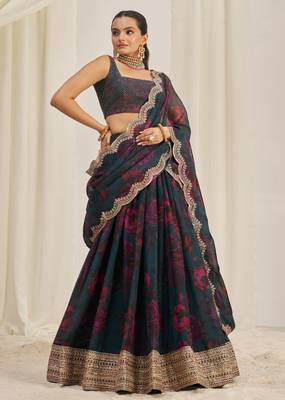 Teal Blue Zari Dori And Sequins Embroidery On Floral Printed Organza Designer Lehenga Choli For Wedding 5