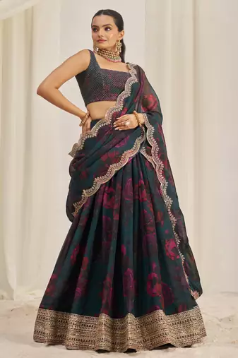 Teal Blue Zari Dori And Sequins Embroidery On Floral Printed Organza Designer Lehenga Choli For Wedding