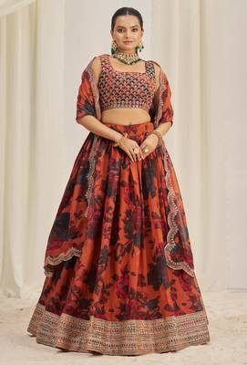  Rust Brown Zari Dori And Sequins Embroidery On Floral Printed Organza Lehenga Choli For Partywear 6