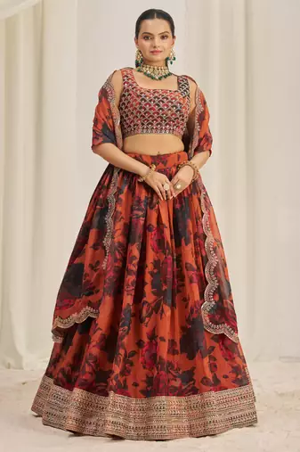  Rust Brown Zari Dori And Sequins Embroidery On Floral Printed Organza Lehenga Choli For Partywear