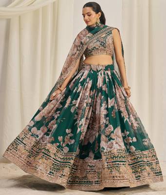 Fetching Dark Green Zari Dori And Sequins Embroidery On Floral Printed Designer Organza Lehenga Choli Lattest Design 1