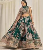 Fetching Dark Green Zari Dori And Sequins Embroidery On Floral Printed Designer Organza Lehenga Choli Lattest Design
