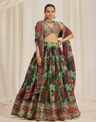 Parrot Green Zari Dori And Sequins Embroidery On Floral Printed Organza Designer Party Wear Lehenga 4