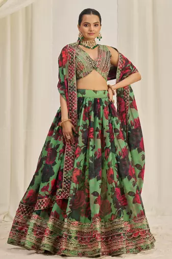 Parrot Green Zari Dori And Sequins Embroidery On Floral Printed Organza Designer Party Wear Lehenga