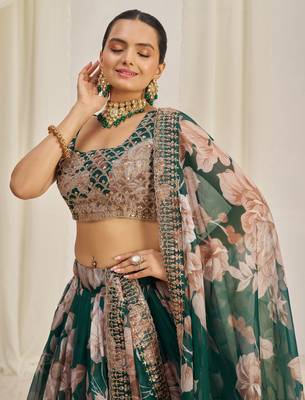Fetching Dark Green Zari Dori And Sequins Embroidery On Floral Printed Designer Organza Lehenga Choli Lattest Design 3