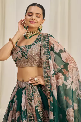 Fetching Dark Green Zari Dori And Sequins Embroidery On Floral Printed Designer Organza Lehenga Choli Lattest Design