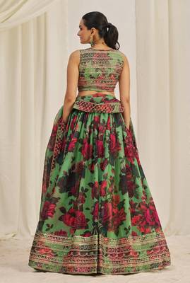 Parrot Green Zari Dori And Sequins Embroidery On Floral Printed Organza Designer Party Wear Lehenga 5