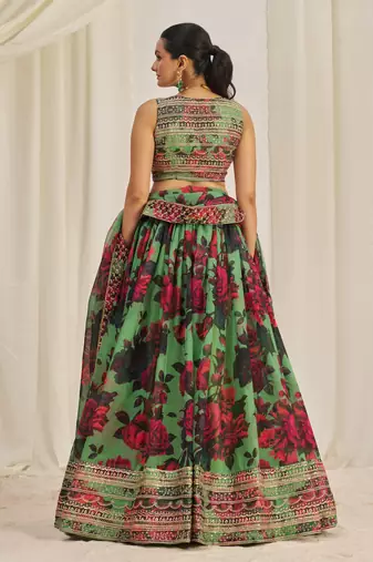 Parrot Green Zari Dori And Sequins Embroidery On Floral Printed Organza Designer Party Wear Lehenga