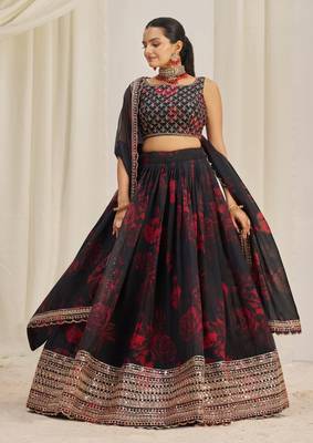 Black Zari Dori And Sequins Embroidery On Floral Printed Organza Designer Floral Lehenga Choli 1