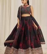 Black Zari Dori And Sequins Embroidery On Floral Printed Organza Designer Floral Lehenga Choli