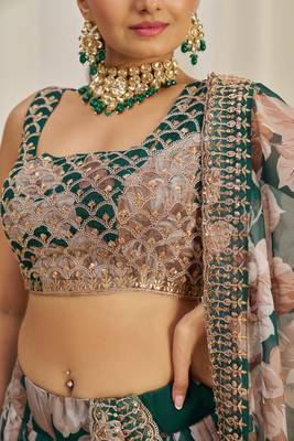 Fetching Dark Green Zari Dori And Sequins Embroidery On Floral Printed Designer Organza Lehenga Choli Lattest Design 4