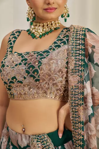 Fetching Dark Green Zari Dori And Sequins Embroidery On Floral Printed Designer Organza Lehenga Choli Lattest Design