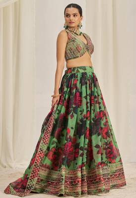 Parrot Green Zari Dori And Sequins Embroidery On Floral Printed Organza Designer Party Wear Lehenga 6